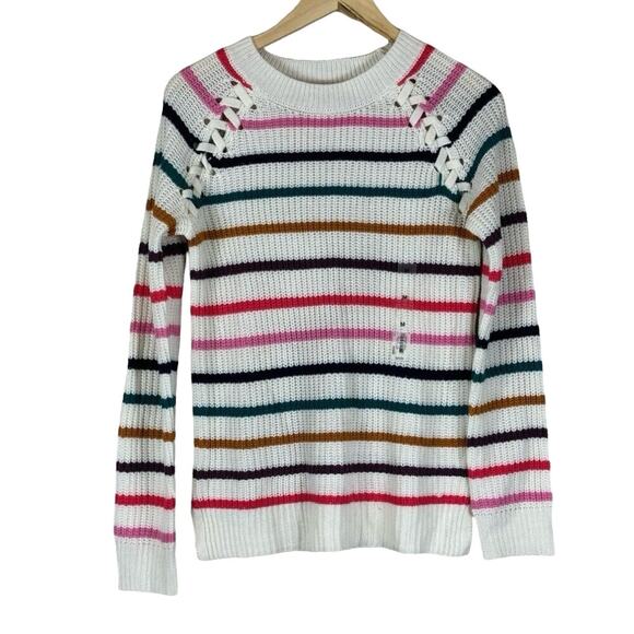 NWT SO Sweater Womens S Multicolor Striped Lace Up Crew Neck Knit Cozy Preppy - Picture 1 of 6